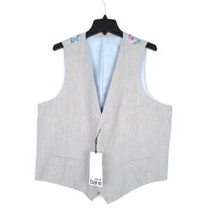Bar III Men's Slim-Fit Linen Suit Vest Grey Blue Floral XL NWT